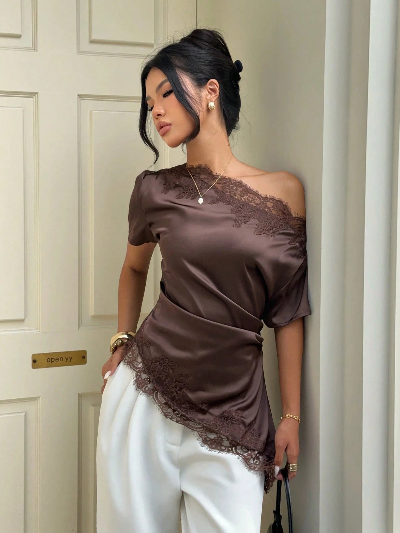 Aloruh Women's Commuter Going Out Shoulder Ruched Lace Patchwork Blouse,Summer Top Brown Elegant Sexy