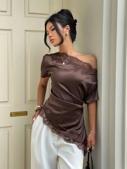 Aloruh Women's Commuter Going Out Shoulder Ruched Lace Patchwork Blouse,Summer Top Brown Elegant Sexy