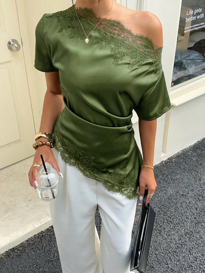 Aloruh Women's Commuter Going Out Shoulder Ruched Lace Patchwork Blouse,Summer Top Brown Elegant Sexy