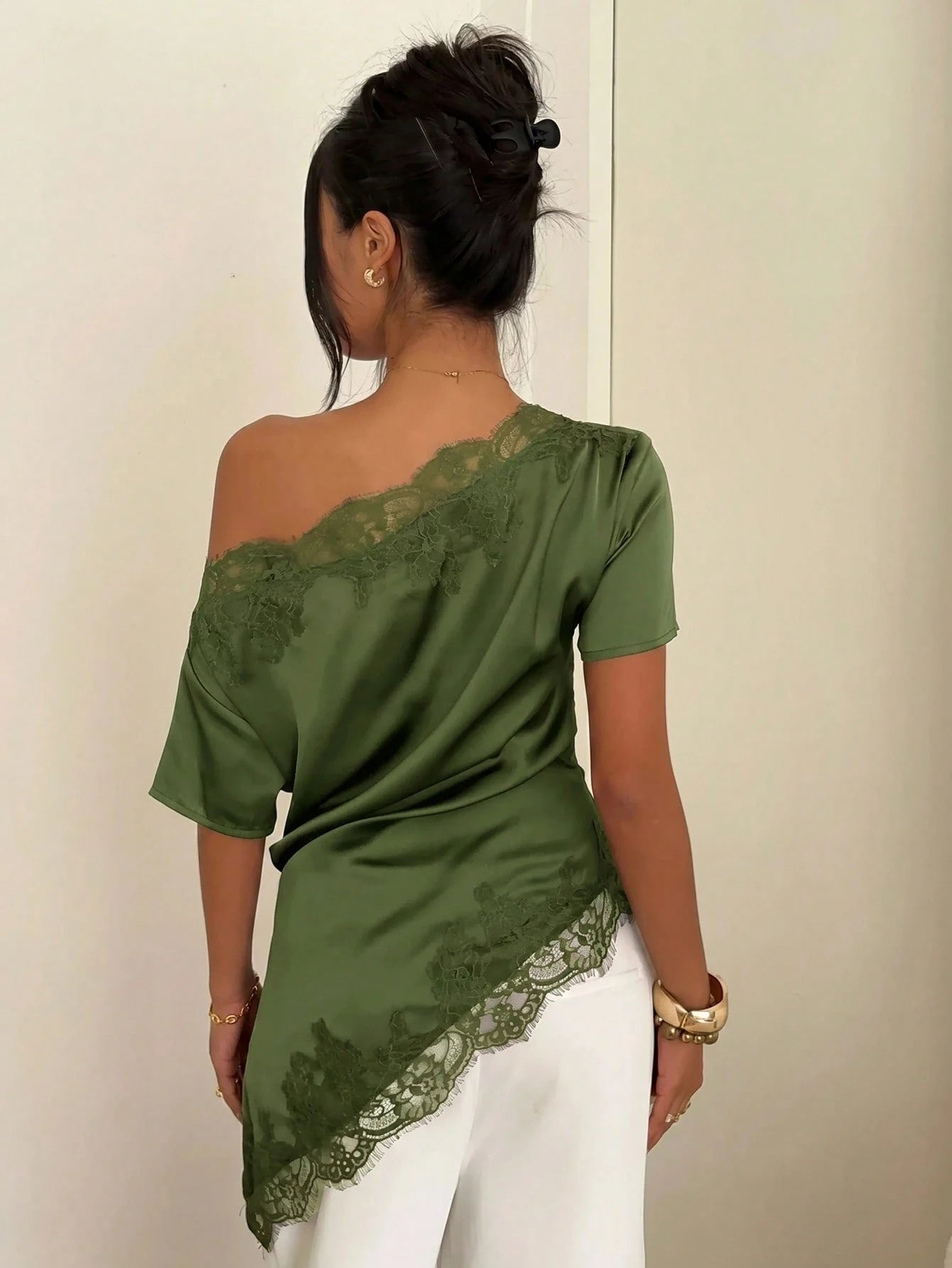 Aloruh Women's Commuter Going Out Shoulder Ruched Lace Patchwork Blouse,Summer Top Brown Elegant Sexy