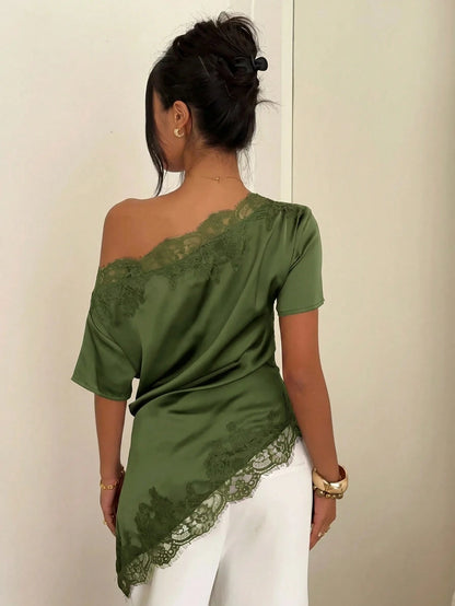 Aloruh Women's Commuter Going Out Shoulder Ruched Lace Patchwork Blouse,Summer Top Brown Elegant Sexy