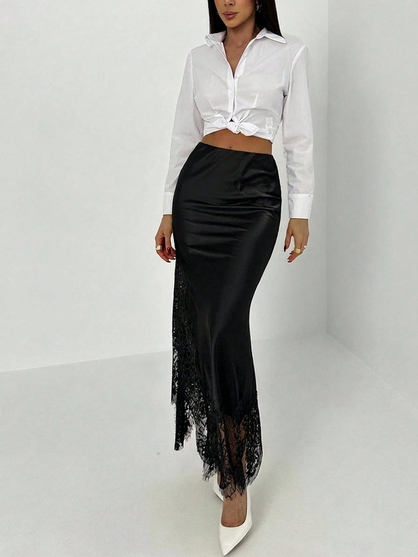 Aloruh Women's Elegant Black Lace Patchwork Skirt