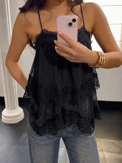 Aloruh Women's Elegant Sexy Chiffon Ruched Lace Patchwork Back Tie Solid Black Camisole Tank Top Night Out Summer