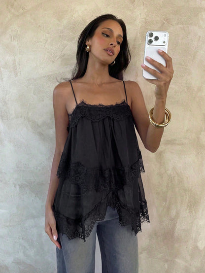 Aloruh Women's Elegant Sexy Chiffon Ruched Lace Patchwork Back Tie Solid Black Camisole Tank Top Night Out Summer