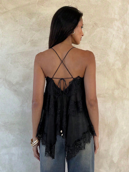 Aloruh Women's Elegant Sexy Chiffon Ruched Lace Patchwork Back Tie Solid Black Camisole Tank Top Night Out Summer