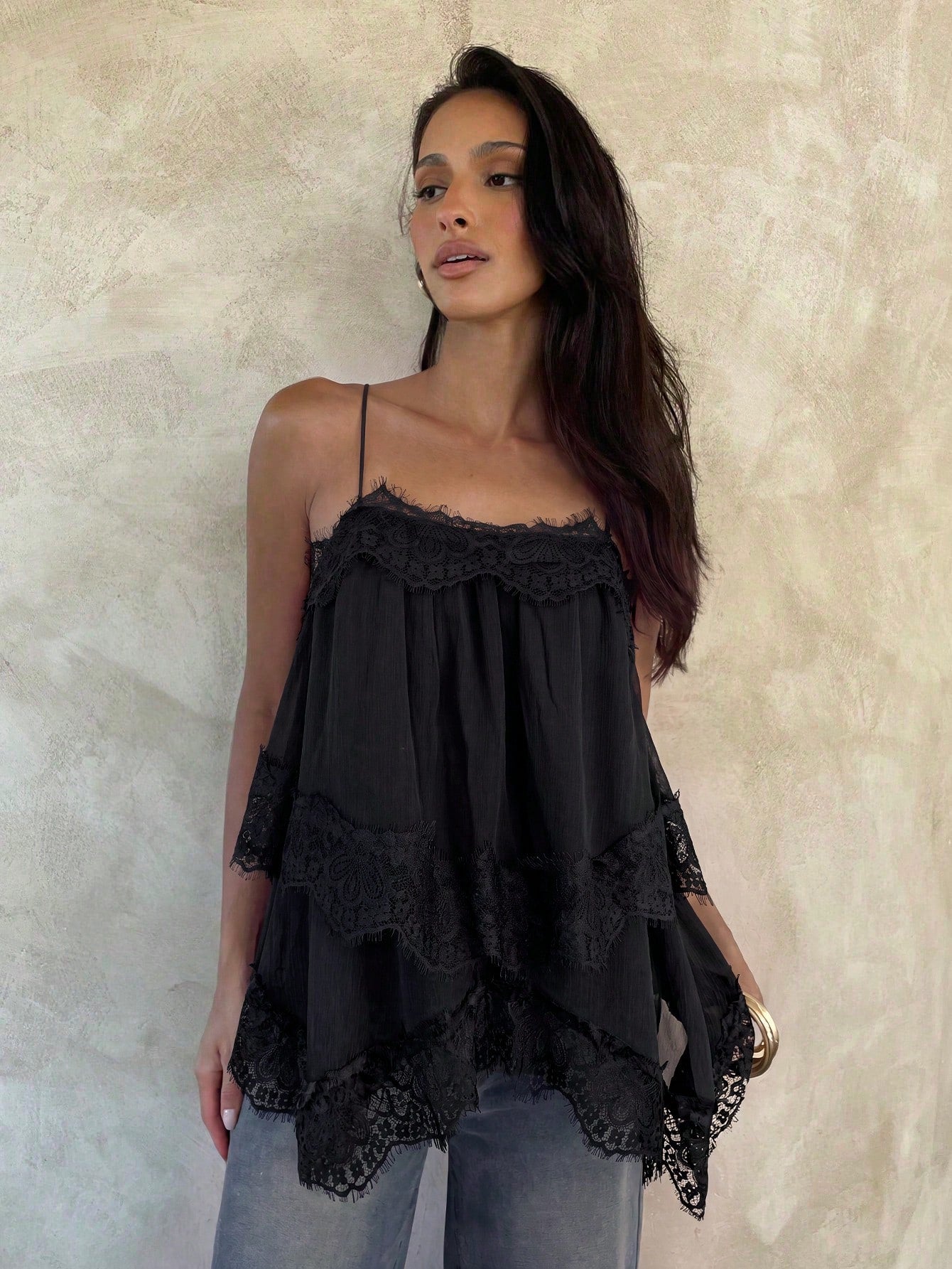 Aloruh Women's Elegant Sexy Chiffon Ruched Lace Patchwork Back Tie Solid Black Camisole Tank Top Night Out Summer