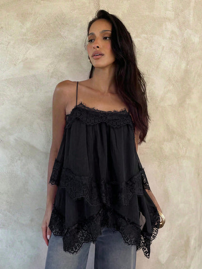 Aloruh Women's Elegant Sexy Chiffon Ruched Lace Patchwork Back Tie Solid Black Camisole Tank Top Night Out Summer