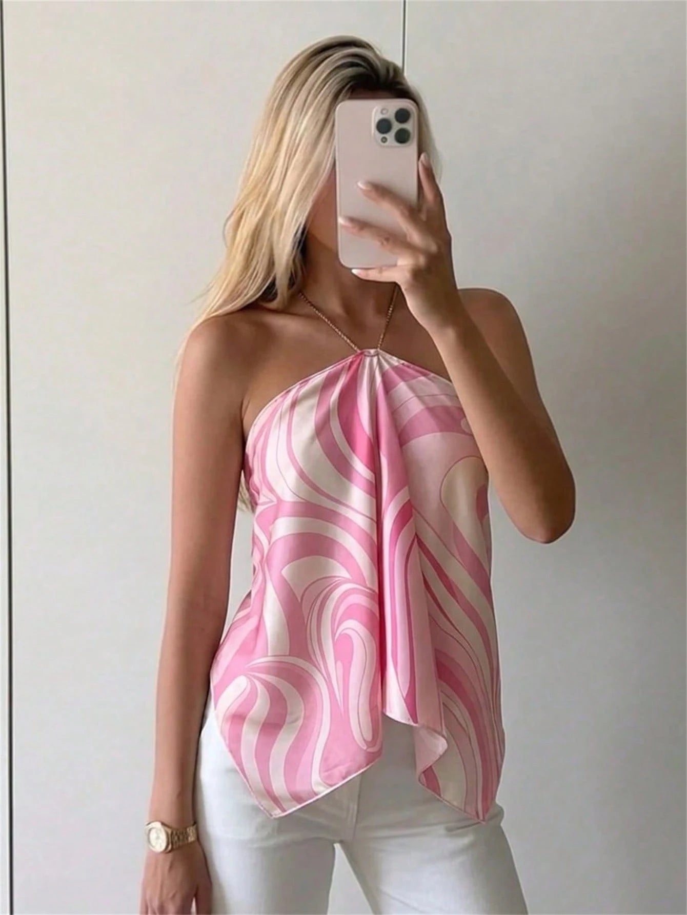 Aloruh Women's Elegant Sexy Pink Chiffon Printed Halter Neck Beach Vacation Party Vacation Top,Summer Top