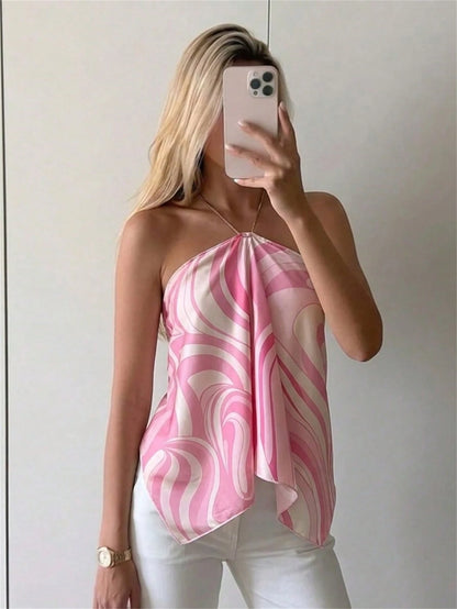 Aloruh Women's Elegant Sexy Pink Chiffon Printed Halter Neck Beach Vacation Party Vacation Top,Summer Top