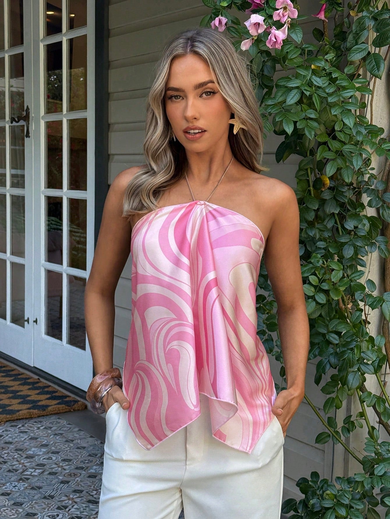 Aloruh Women's Elegant Sexy Pink Chiffon Printed Halter Neck Beach Vacation Party Vacation Top,Summer Top
