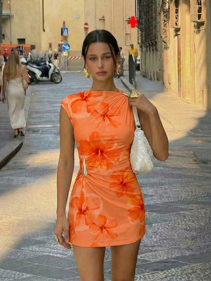 Aloruh Women's Elegant Tropical Orange Floral Hibiscus Print Metal Decor Ruched Umbrella Hem Mini Dress, Summer Casual Holiday Vacation Beach