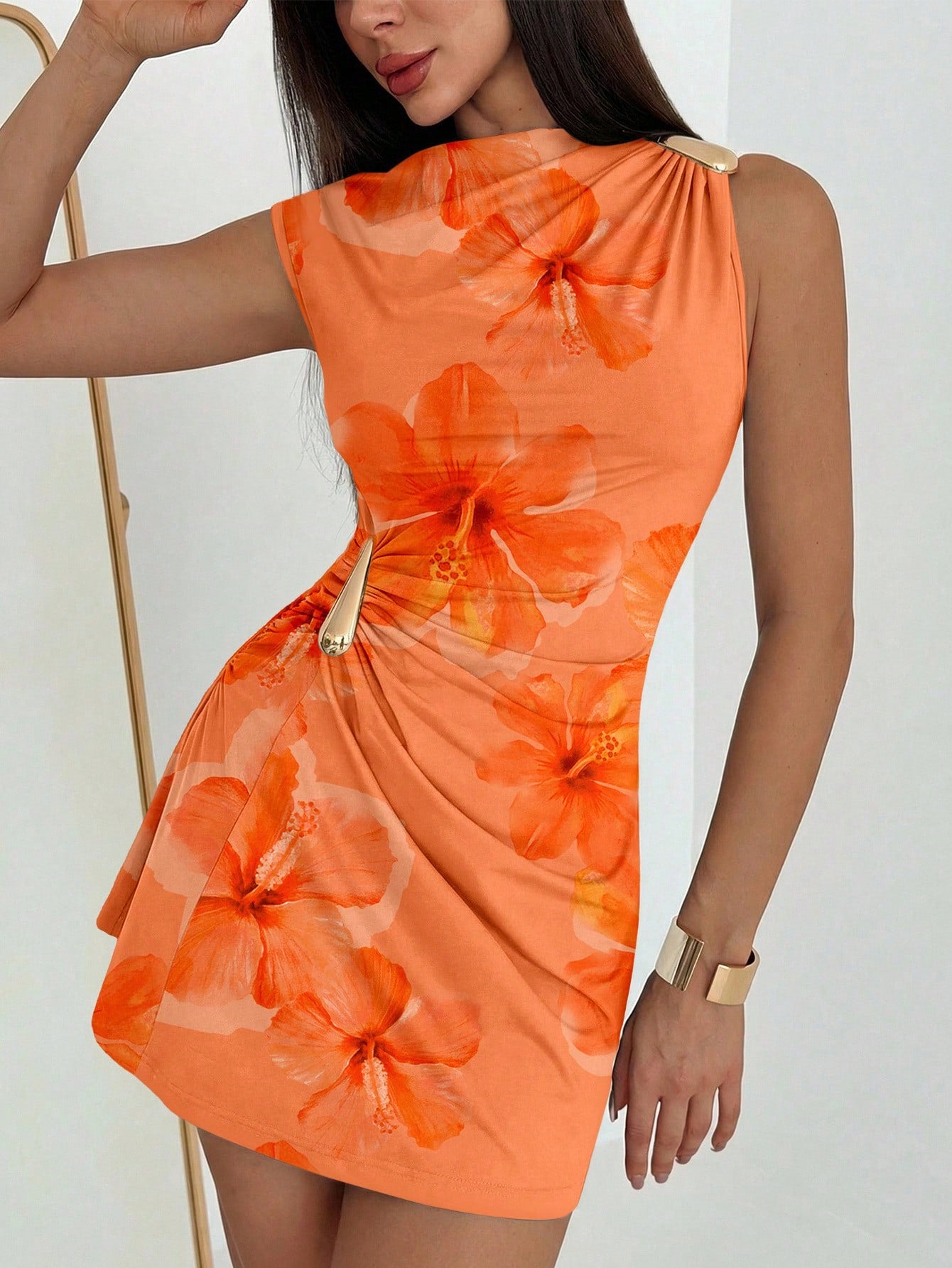 Aloruh Women's Elegant Tropical Orange Floral Hibiscus Print Metal Decor Ruched Umbrella Hem Mini Dress, Summer Casual Holiday Vacation Beach