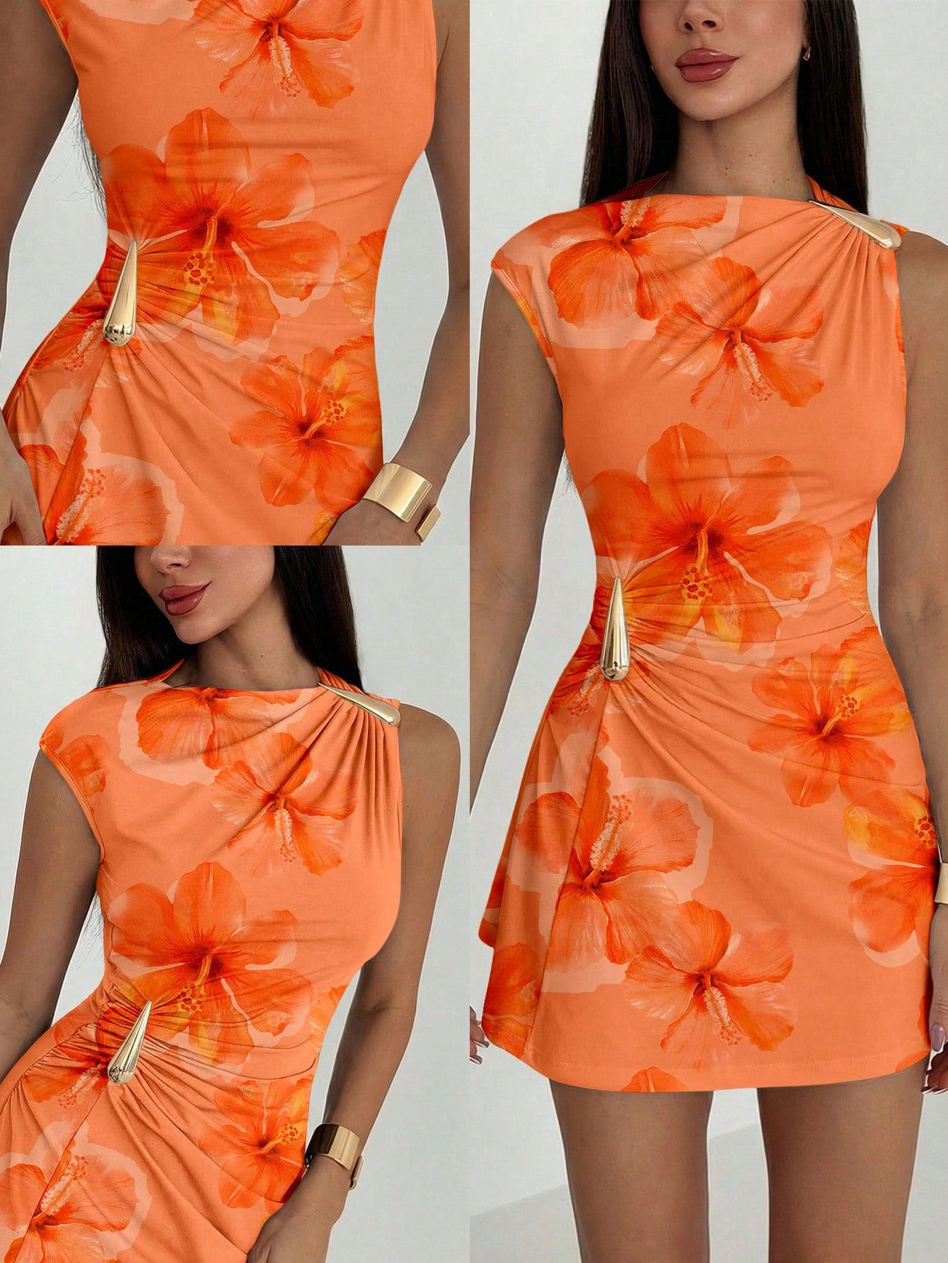 Aloruh Women's Elegant Tropical Orange Floral Hibiscus Print Metal Decor Ruched Umbrella Hem Mini Dress, Summer Casual Holiday Vacation Beach