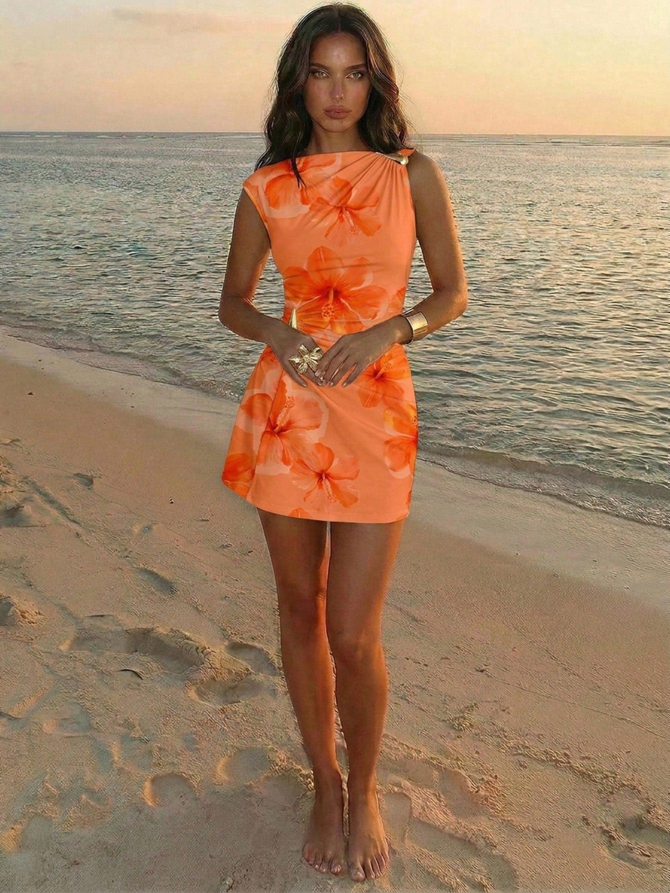 Aloruh Women's Elegant Tropical Orange Floral Hibiscus Print Metal Decor Ruched Umbrella Hem Mini Dress, Summer Casual Holiday Vacation Beach