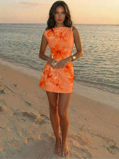 Aloruh Women's Elegant Tropical Orange Floral Hibiscus Print Metal Decor Ruched Umbrella Hem Mini Dress, Summer Casual Holiday Vacation Beach