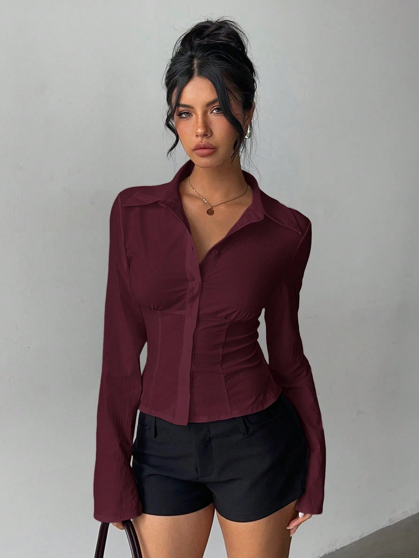 Aloruh Women's Elegant Versatile Pleated Waist Long Sleeve Shirt,Solid Color Burgundy Autumn Office Tops,Daily Wear Commuting Fall Winter Clothes For Women