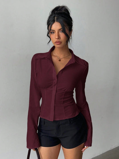 Aloruh Women's Elegant Versatile Pleated Waist Long Sleeve Shirt,Solid Color Burgundy Autumn Office Tops,Daily Wear Commuting Fall Winter Clothes For Women