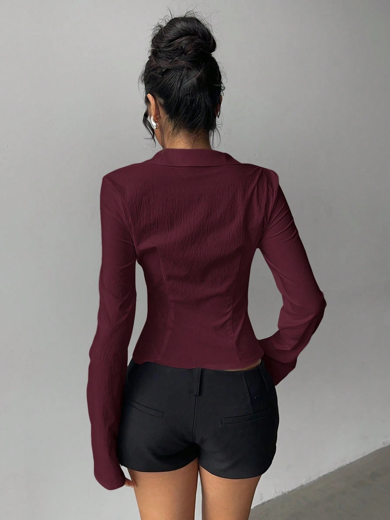 Aloruh Women's Elegant Versatile Pleated Waist Long Sleeve Shirt,Solid Color Burgundy Autumn Office Tops,Daily Wear Commuting Fall Winter Clothes For Women