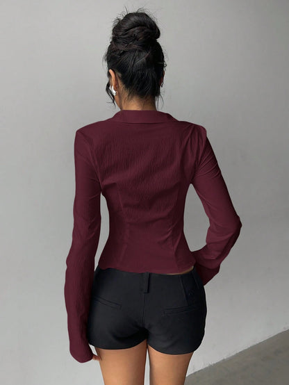 Aloruh Women's Elegant Versatile Pleated Waist Long Sleeve Shirt,Solid Color Burgundy Autumn Office Tops,Daily Wear Commuting Fall Winter Clothes For Women