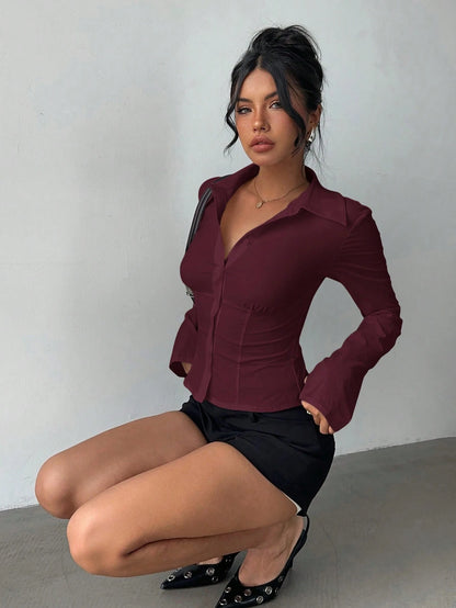 Aloruh Women's Elegant Versatile Pleated Waist Long Sleeve Shirt,Solid Color Burgundy Autumn Office Tops,Daily Wear Commuting Fall Winter Clothes For Women