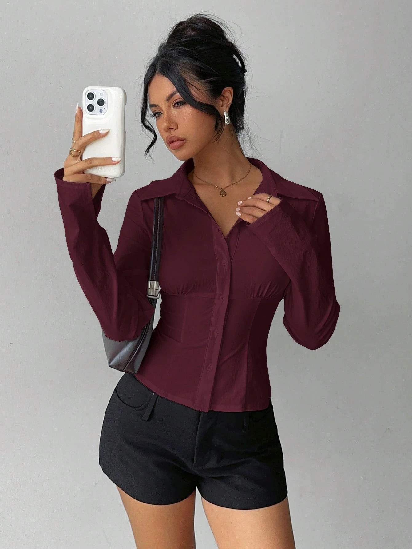 Aloruh Women's Elegant Versatile Pleated Waist Long Sleeve Shirt,Solid Color Burgundy Autumn Office Tops,Daily Wear Commuting Fall Winter Clothes For Women