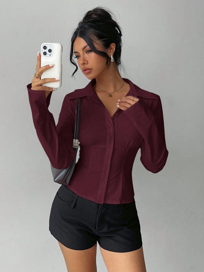 Aloruh Women's Elegant Versatile Pleated Waist Long Sleeve Shirt,Solid Color Burgundy Autumn Office Tops,Daily Wear Commuting Fall Winter Clothes For Women