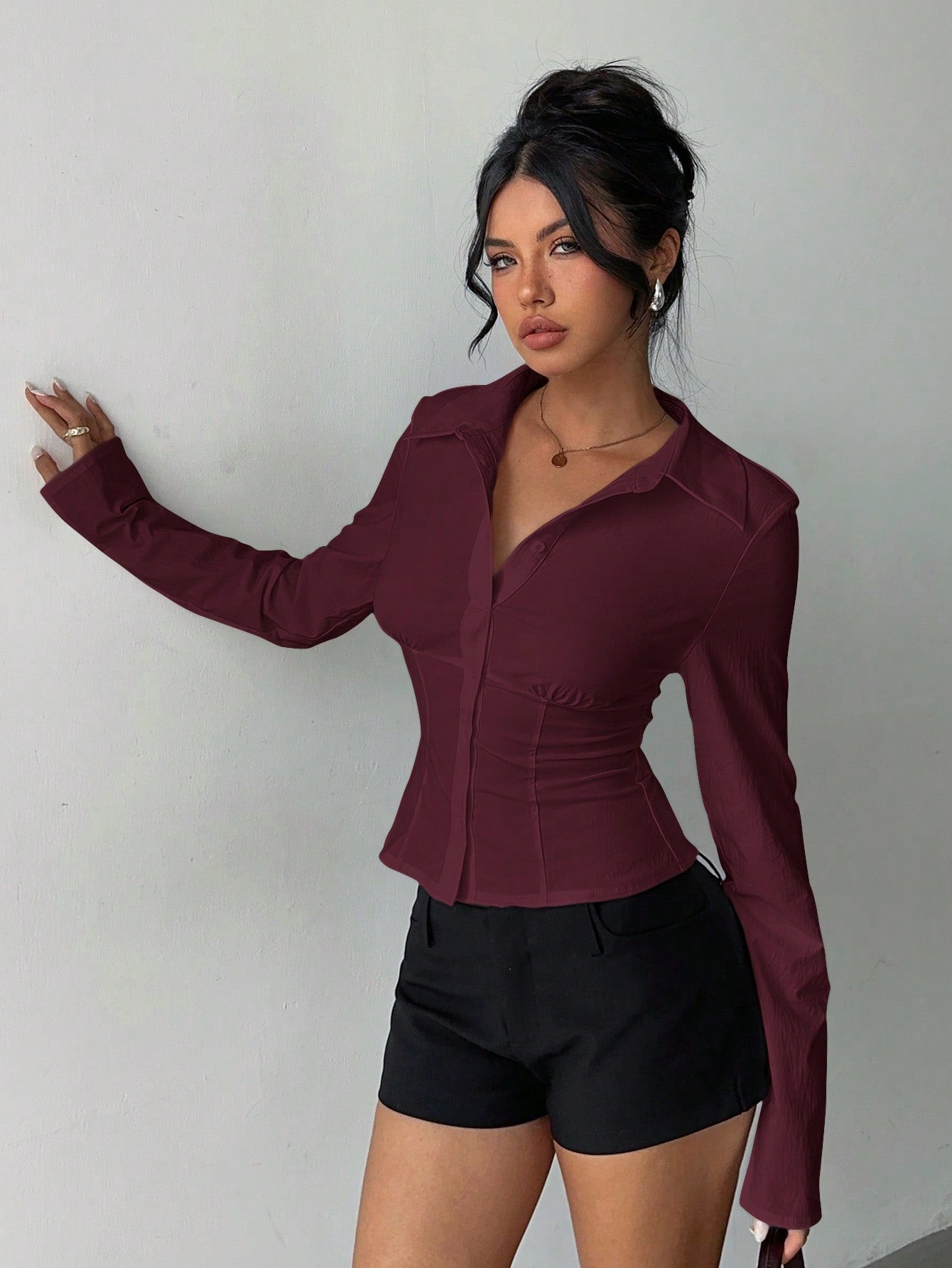 Aloruh Women's Elegant Versatile Pleated Waist Long Sleeve Shirt,Solid Color Burgundy Autumn Office Tops,Daily Wear Commuting Fall Winter Clothes For Women