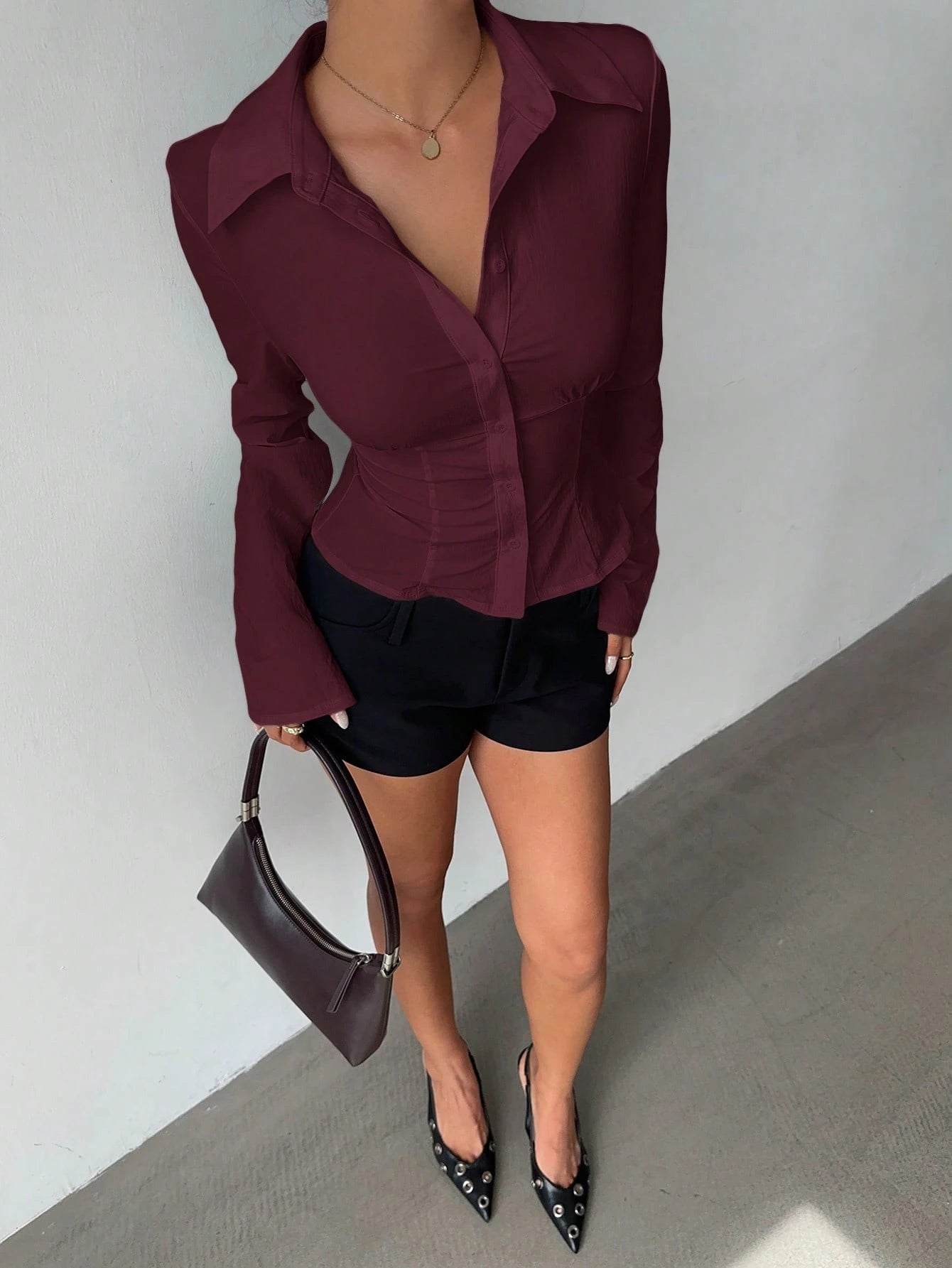 Aloruh Women's Elegant Versatile Pleated Waist Long Sleeve Shirt,Solid Color Burgundy Autumn Office Tops,Daily Wear Commuting Fall Winter Clothes For Women