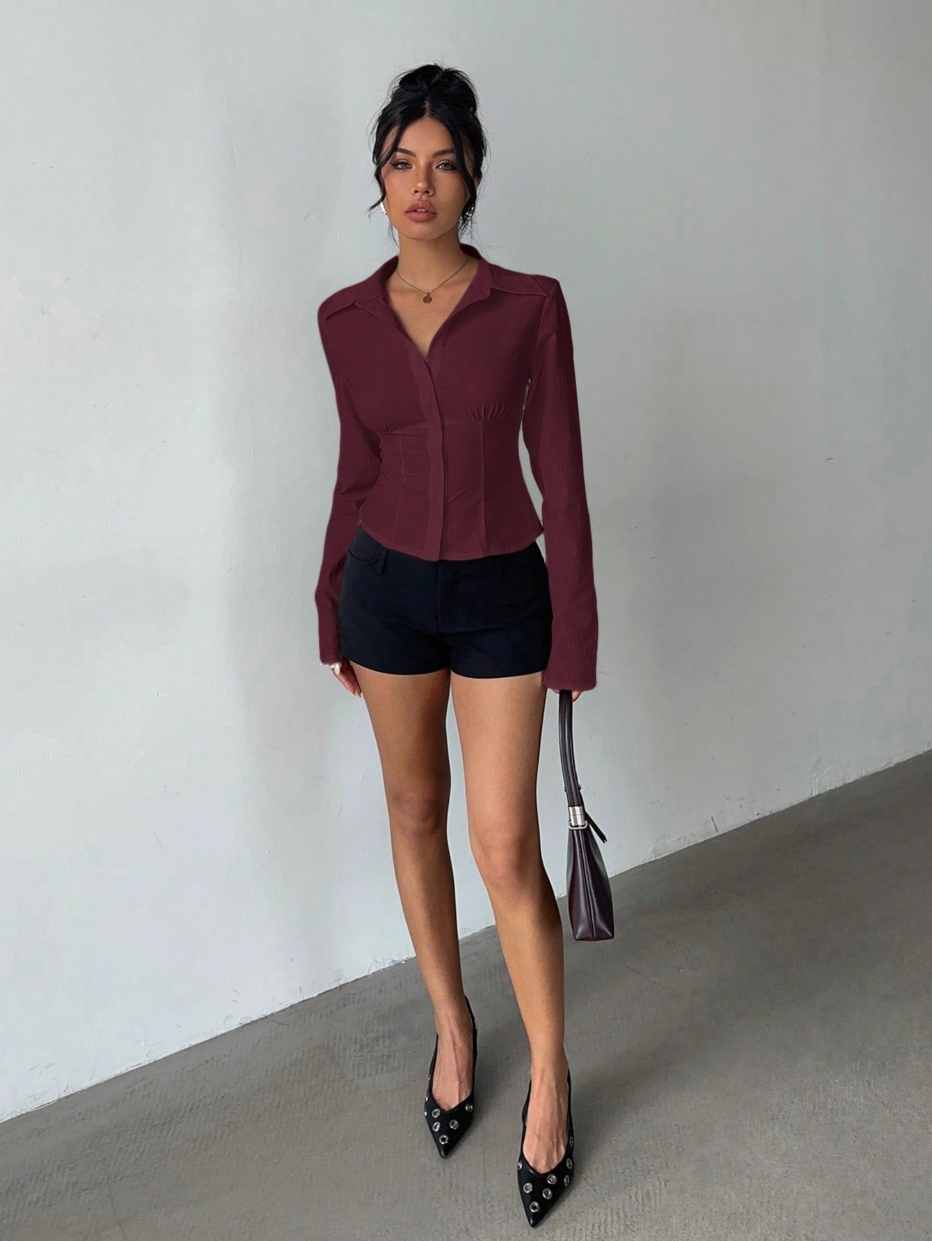 Aloruh Women's Elegant Versatile Pleated Waist Long Sleeve Shirt,Solid Color Burgundy Autumn Office Tops,Daily Wear Commuting Fall Winter Clothes For Women