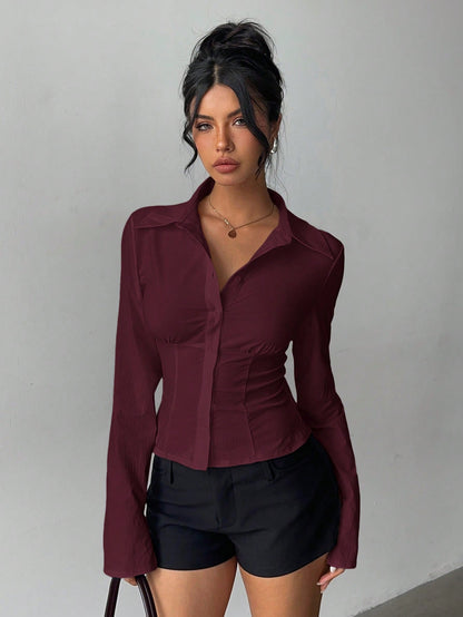 Aloruh Women's Elegant Versatile Pleated Waist Long Sleeve Shirt,Solid Color Burgundy Autumn Office Tops,Daily Wear Commuting Fall Winter Clothes For Women