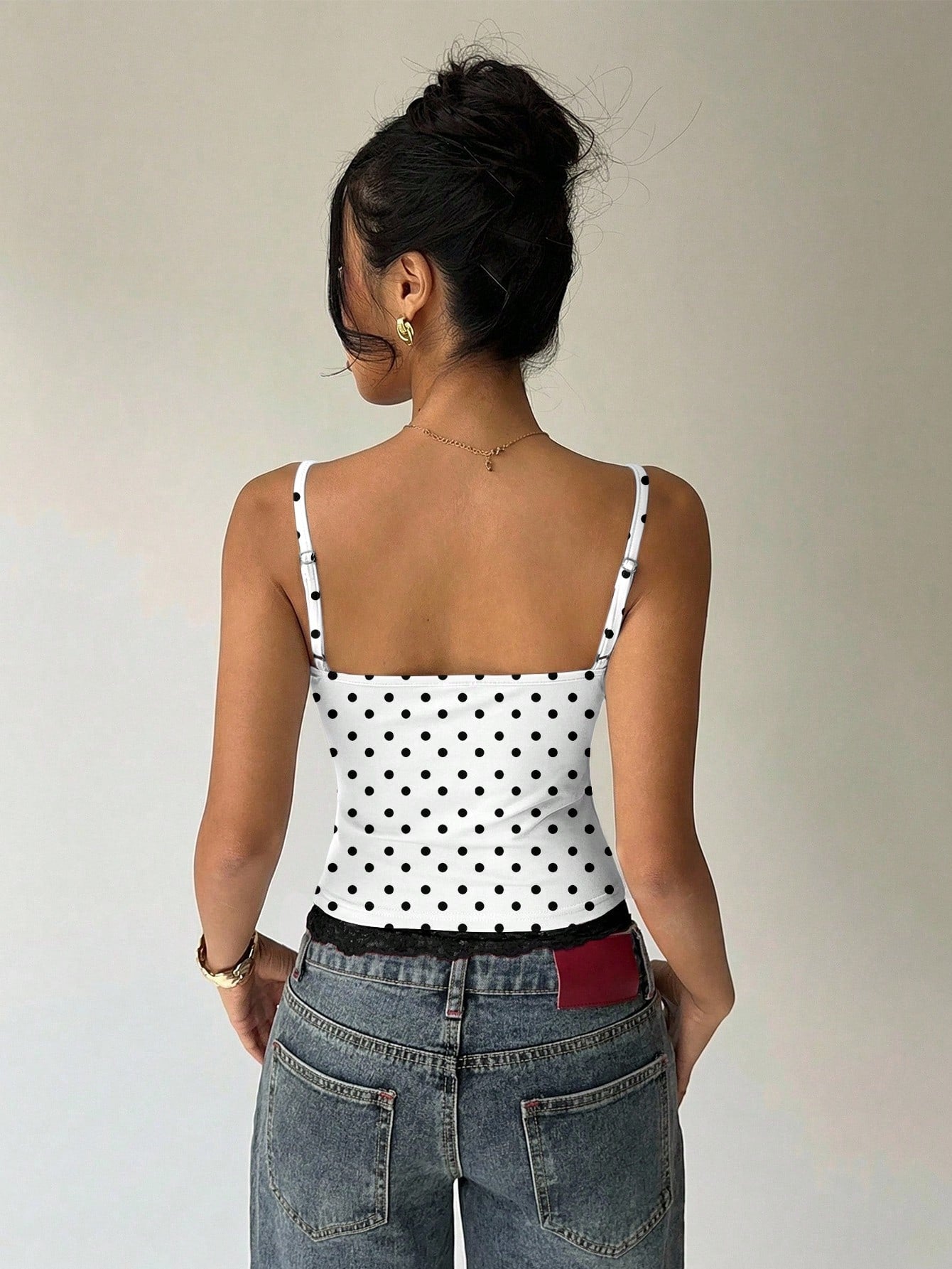 Aloruh Women's French White With Black Polka Dots Lace Trim Bodycon Camisole Summer Chic Night Out Brunch Vacation Elegant Paris Polka Dot Top