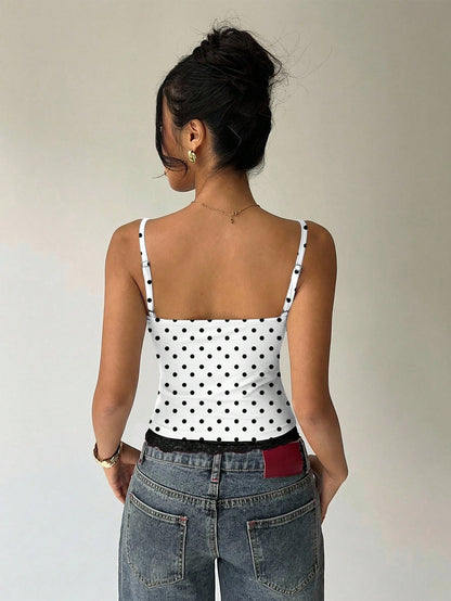 Aloruh Women's French White With Black Polka Dots Lace Trim Bodycon Camisole Summer Chic Night Out Brunch Vacation Elegant Paris Polka Dot Top