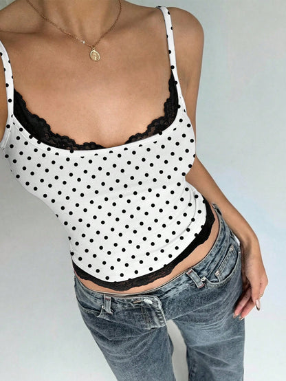 Aloruh Women's French White With Black Polka Dots Lace Trim Bodycon Camisole Summer Chic Night Out Brunch Vacation Elegant Paris Polka Dot Top