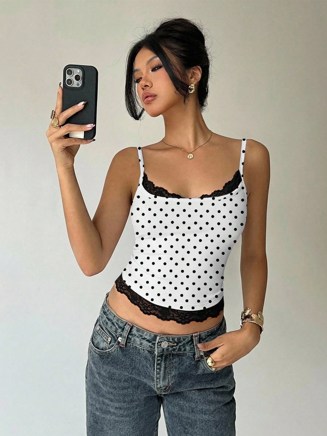 Aloruh Women's French White With Black Polka Dots Lace Trim Bodycon Camisole Summer Chic Night Out Brunch Vacation Elegant Paris Polka Dot Top