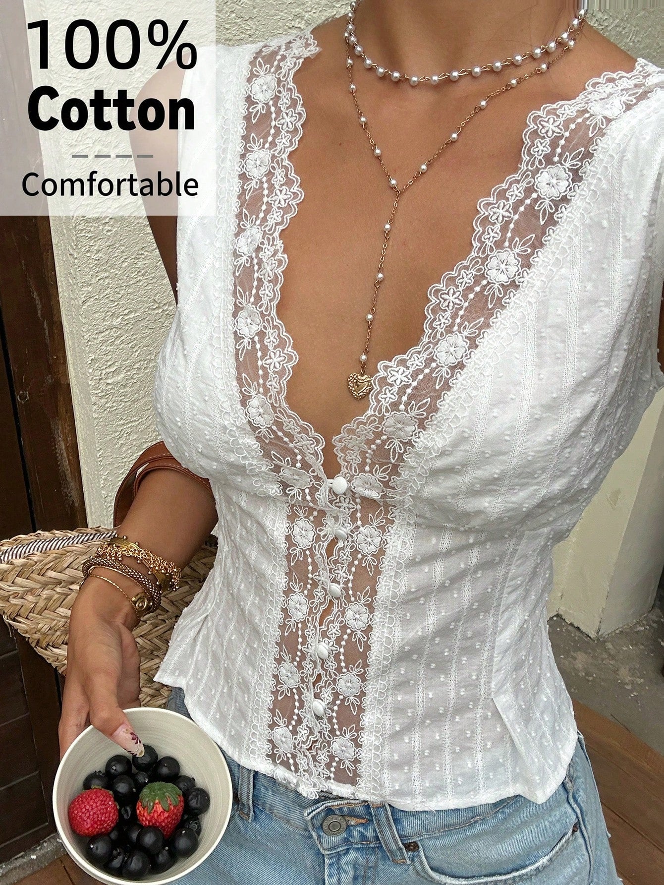 Aloruh Women's White Polka Dot Lace Patchwork Deep V Neck Sleeveless Top, Female Country Look, Summer Holidays, Beach Vacation Romantic Elegant