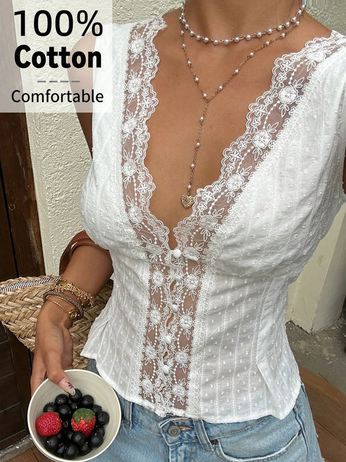 Aloruh Women's White Polka Dot Lace Patchwork Deep V Neck Sleeveless Top, Female Country Look, Summer Holidays, Beach Vacation Romantic Elegant