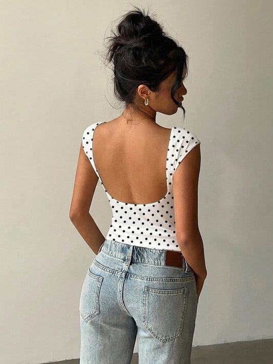 Aloruh Women's Y2K Elegant Retro Polka Dot Print Backless T-Shirt-Elegant And Suitable For Parties, Outings, French Style Vacations,Summer Top