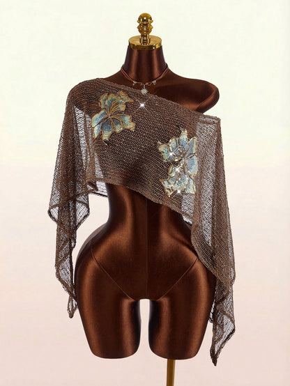 Amplova Women's Floral Metallic Thread Sheer Shoulder Top,Summer Top