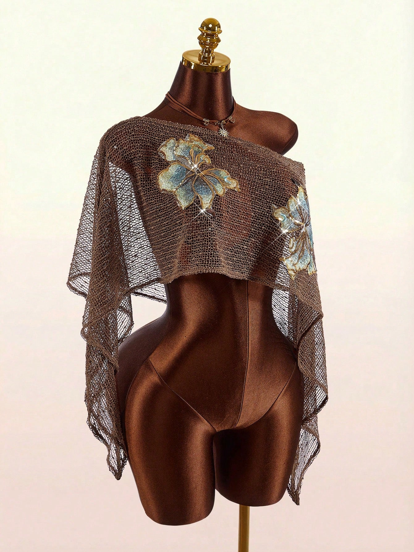 Amplova Women's Floral Metallic Thread Sheer Shoulder Top,Summer Top