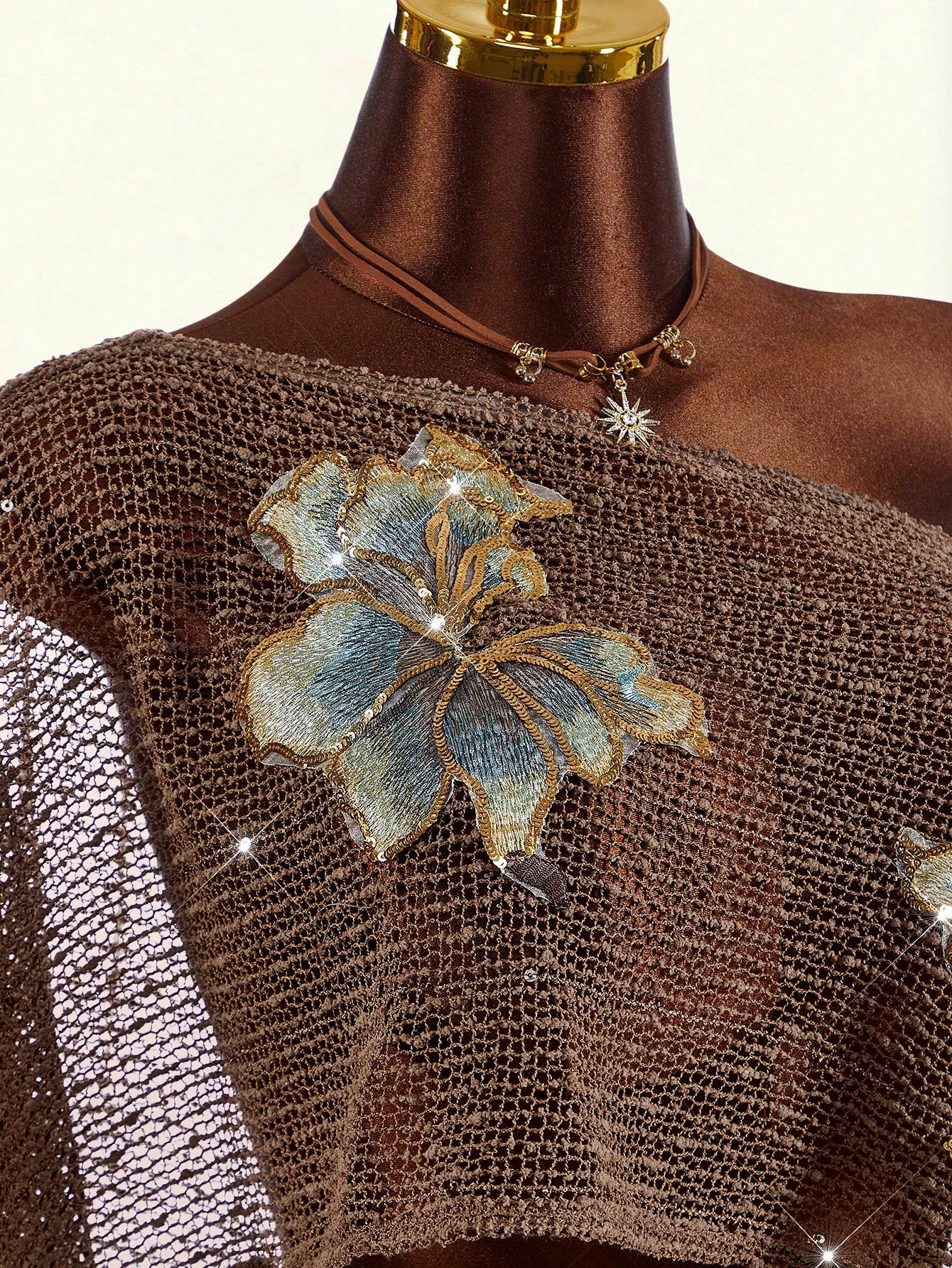 Amplova Women's Floral Metallic Thread Sheer Shoulder Top,Summer Top
