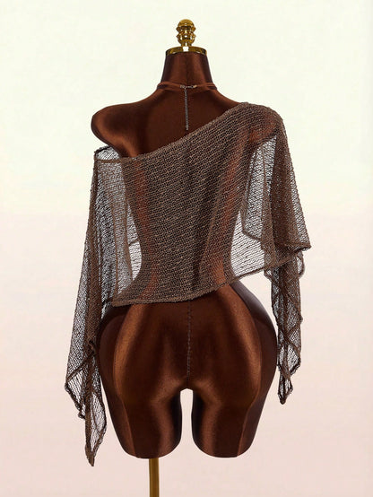 Amplova Women's Floral Metallic Thread Sheer Shoulder Top,Summer Top