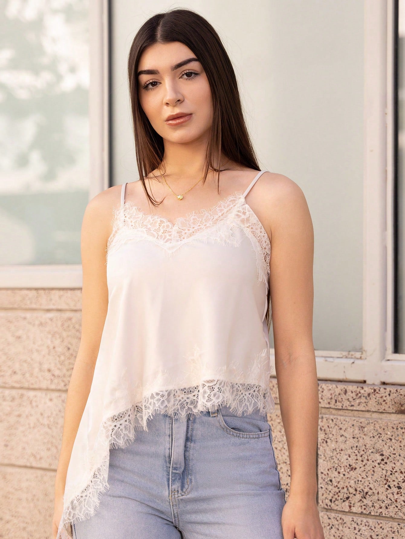 Andrea Bello Women's Solid Color Spaghetti Strap Lace Trim Asymmetrical Hem Loose Blouse