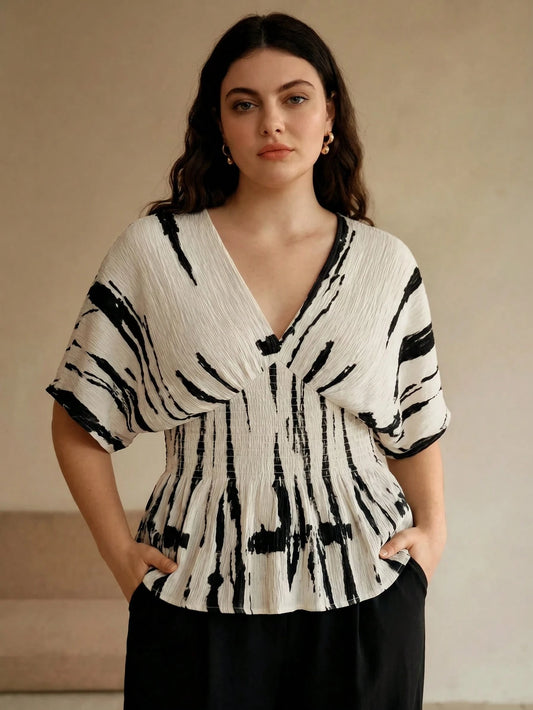 Anewsta Spring/Summer New Elegant Fashion Casual Outing Vacation Holiday Date Party Textured Print Ruched Shoulder Drop Sleeve Plus Size Women's Top