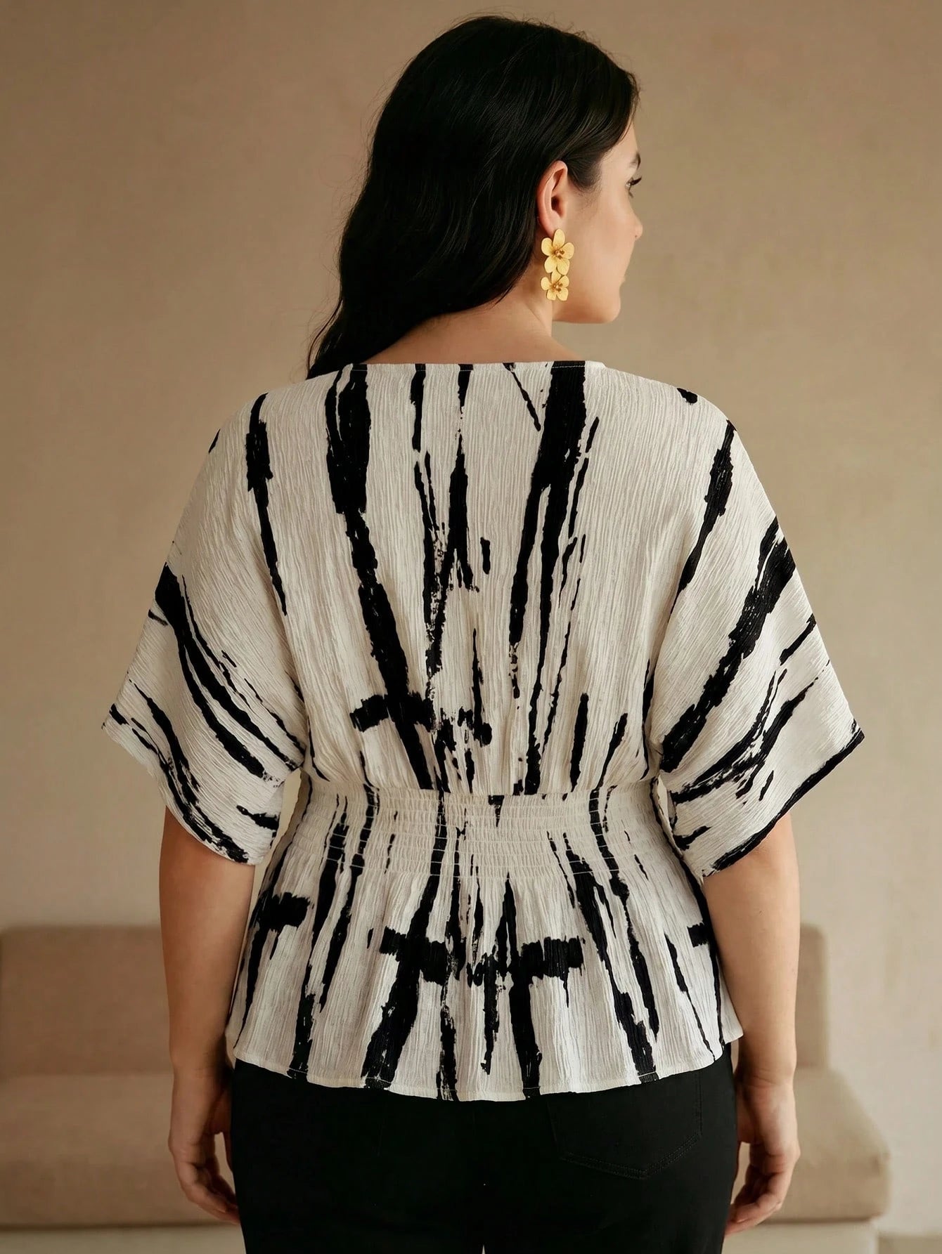 Anewsta Spring/Summer New Elegant Fashion Casual Outing Vacation Holiday Date Party Textured Print Ruched Shoulder Drop Sleeve Plus Size Women's Top
