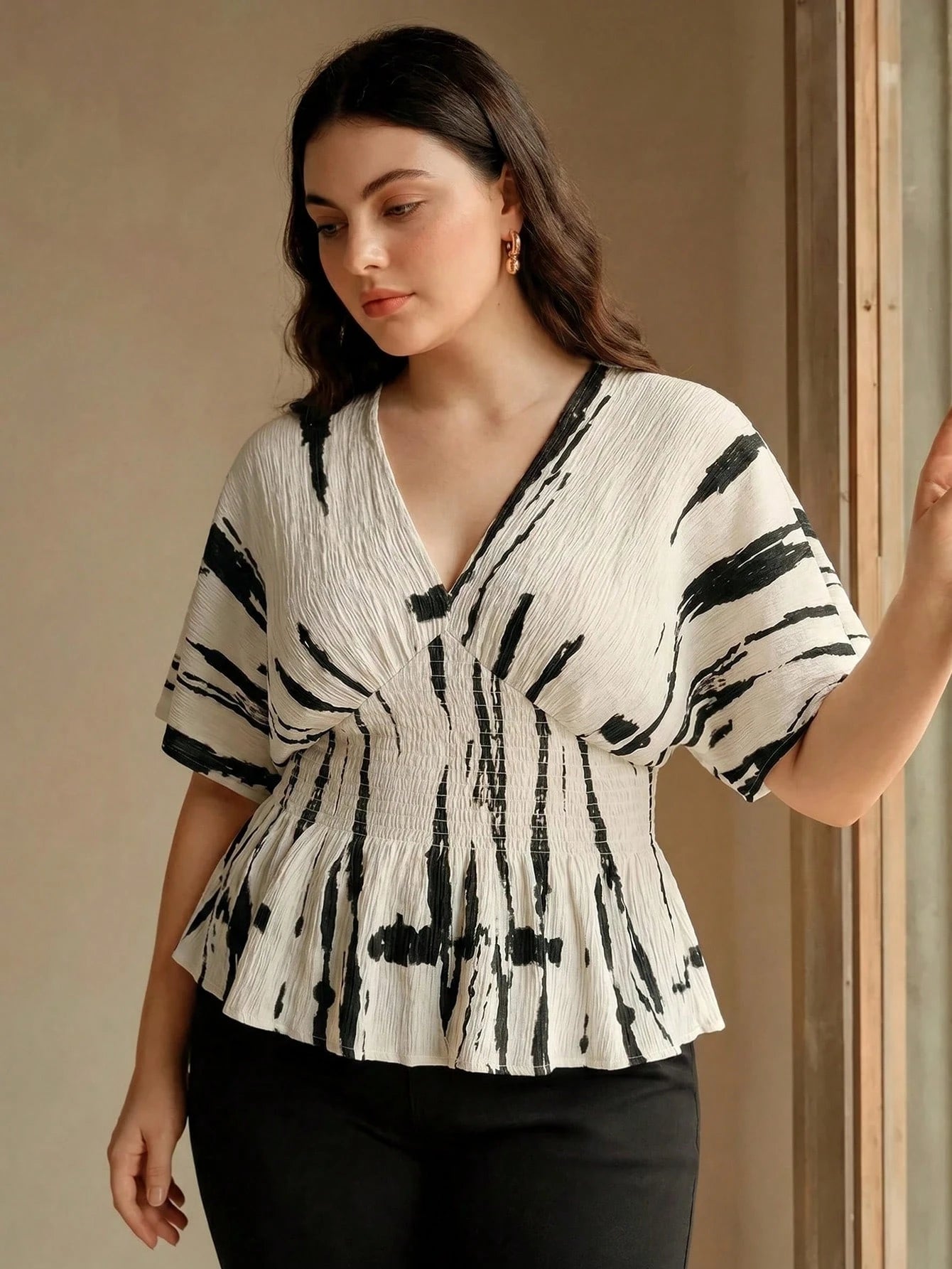 Anewsta Spring/Summer New Elegant Fashion Casual Outing Vacation Holiday Date Party Textured Print Ruched Shoulder Drop Sleeve Plus Size Women's Top