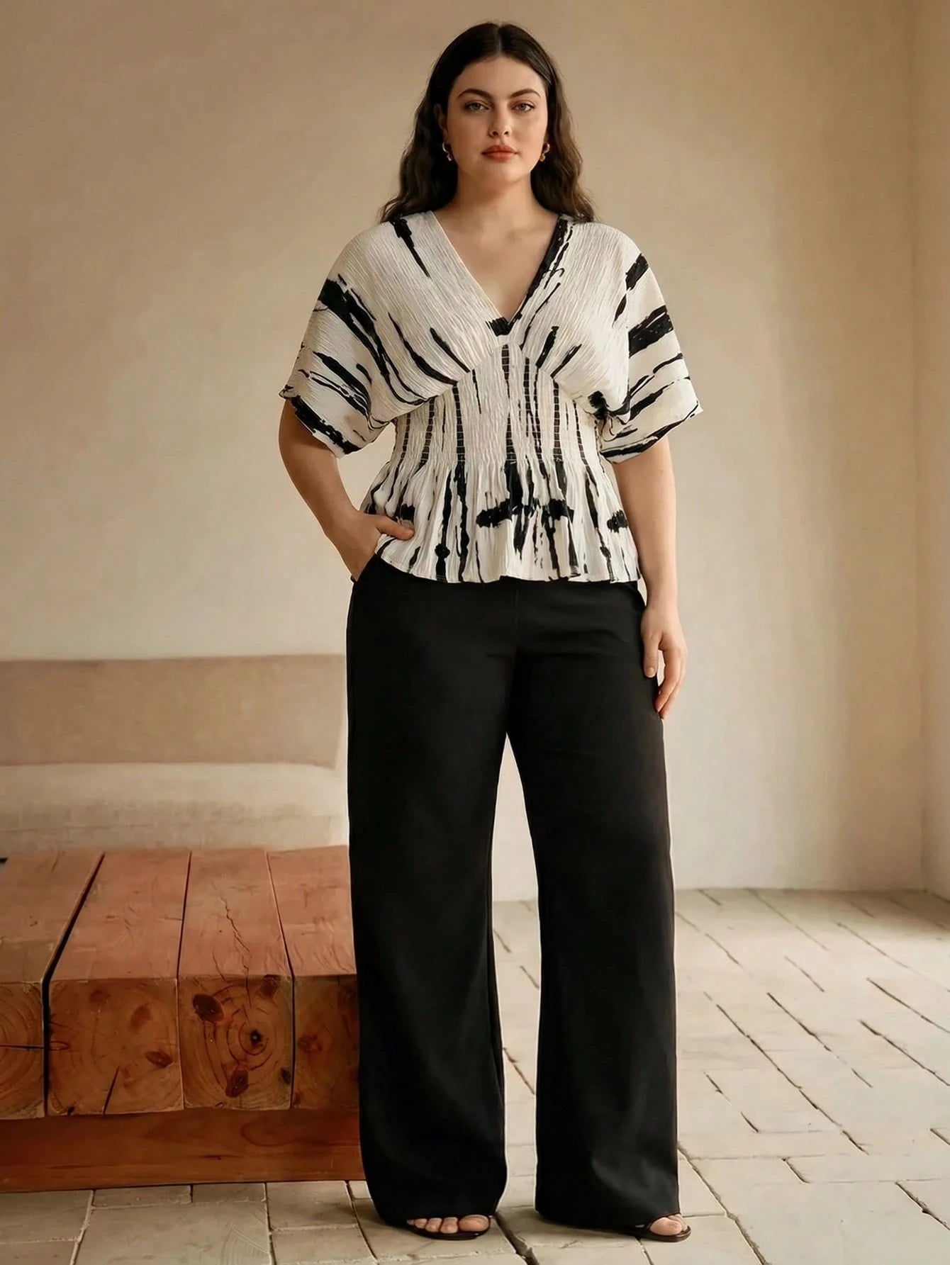 Anewsta Spring/Summer New Elegant Fashion Casual Outing Vacation Holiday Date Party Textured Print Ruched Shoulder Drop Sleeve Plus Size Women's Top