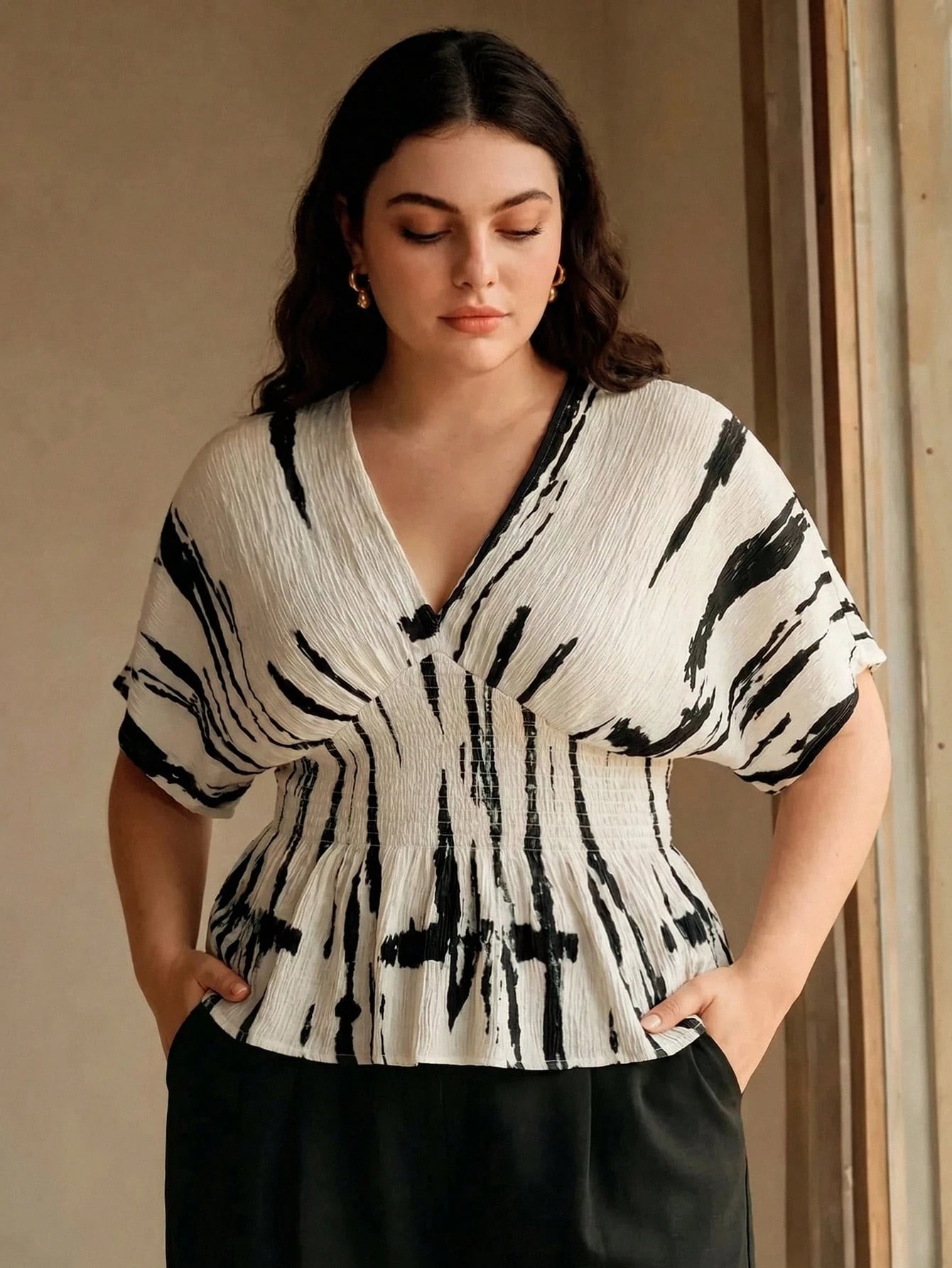 Anewsta Spring/Summer New Elegant Fashion Casual Outing Vacation Holiday Date Party Textured Print Ruched Shoulder Drop Sleeve Plus Size Women's Top