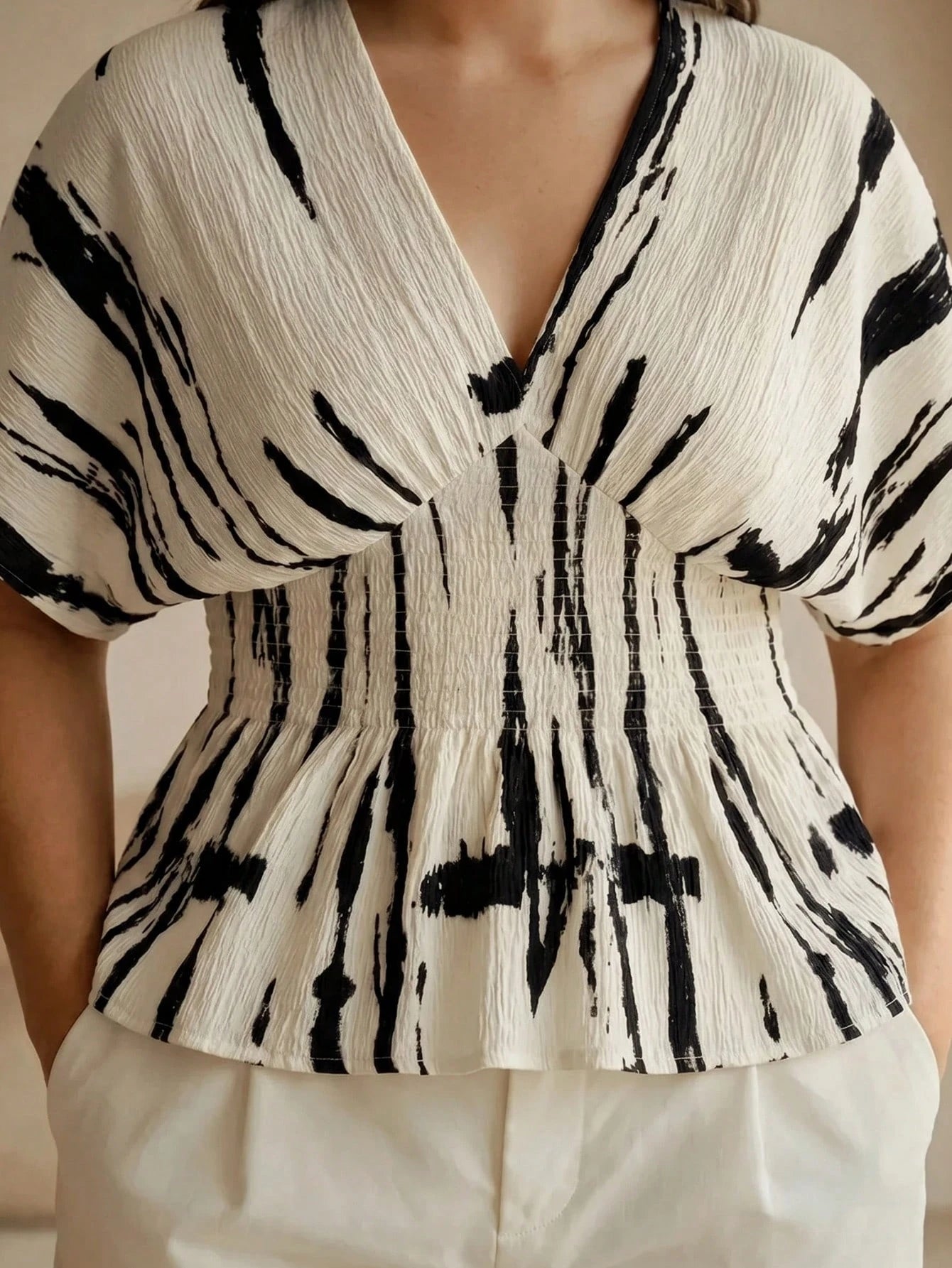 Anewsta Spring/Summer New Elegant Fashion Casual Outing Vacation Holiday Date Party Textured Print Ruched Shoulder Drop Sleeve Plus Size Women's Top