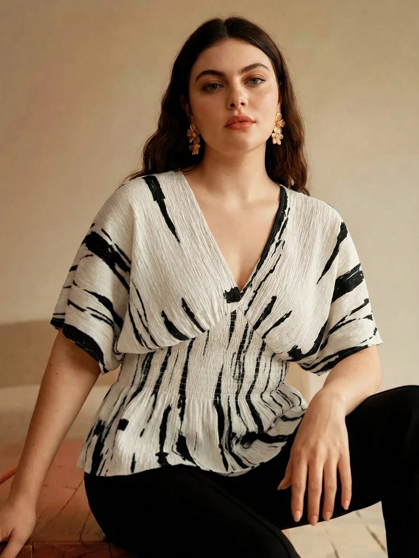 Anewsta Spring/Summer New Elegant Fashion Casual Outing Vacation Holiday Date Party Textured Print Ruched Shoulder Drop Sleeve Plus Size Women's Top