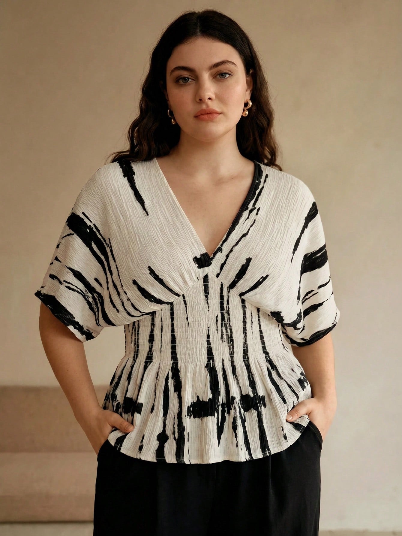 Anewsta Spring/Summer New Elegant Fashion Casual Outing Vacation Holiday Date Party Textured Print Ruched Shoulder Drop Sleeve Plus Size Women's Top